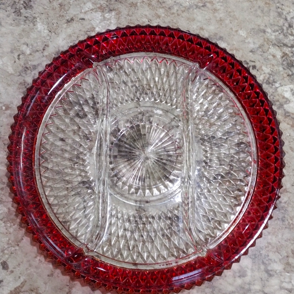 Indiana glass Ruby Flash 3 part relish dish diamond point.